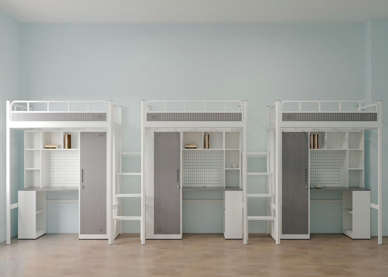 Three-module loft bed with central access ladder