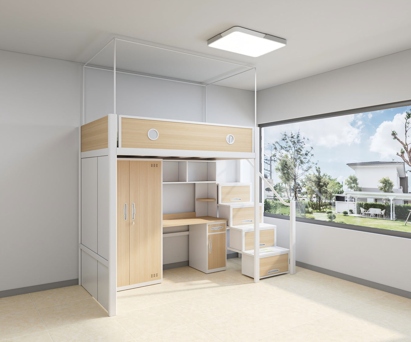 Single module loft bed with central access ladder