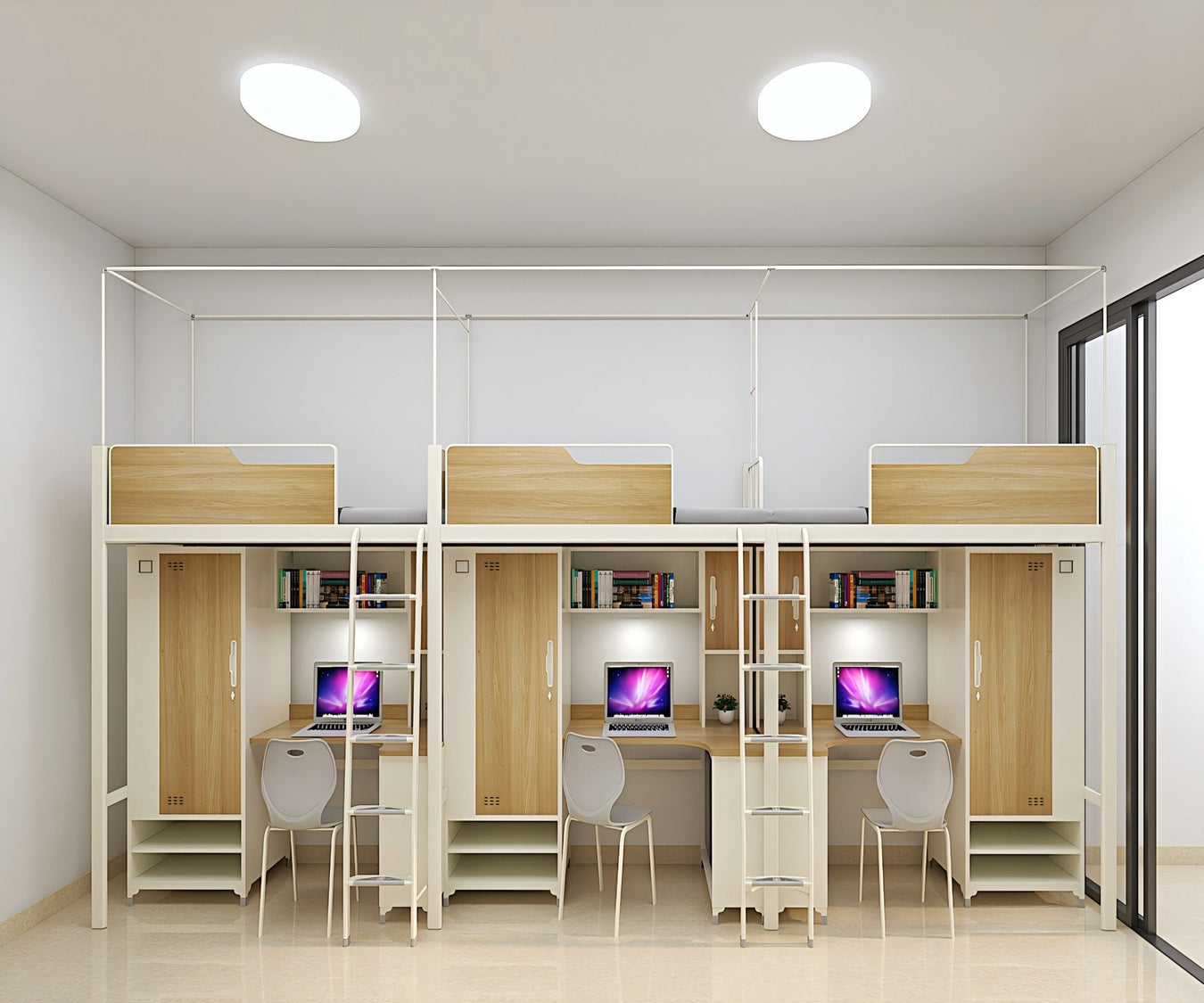 Three-module loft bed with side access ladder