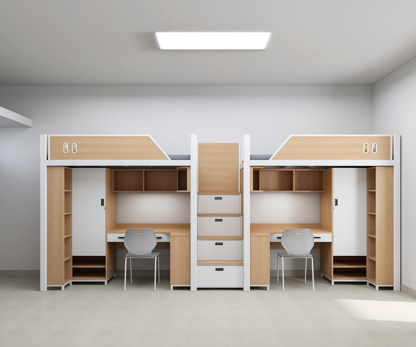 Two-module loft bed with central access ladder