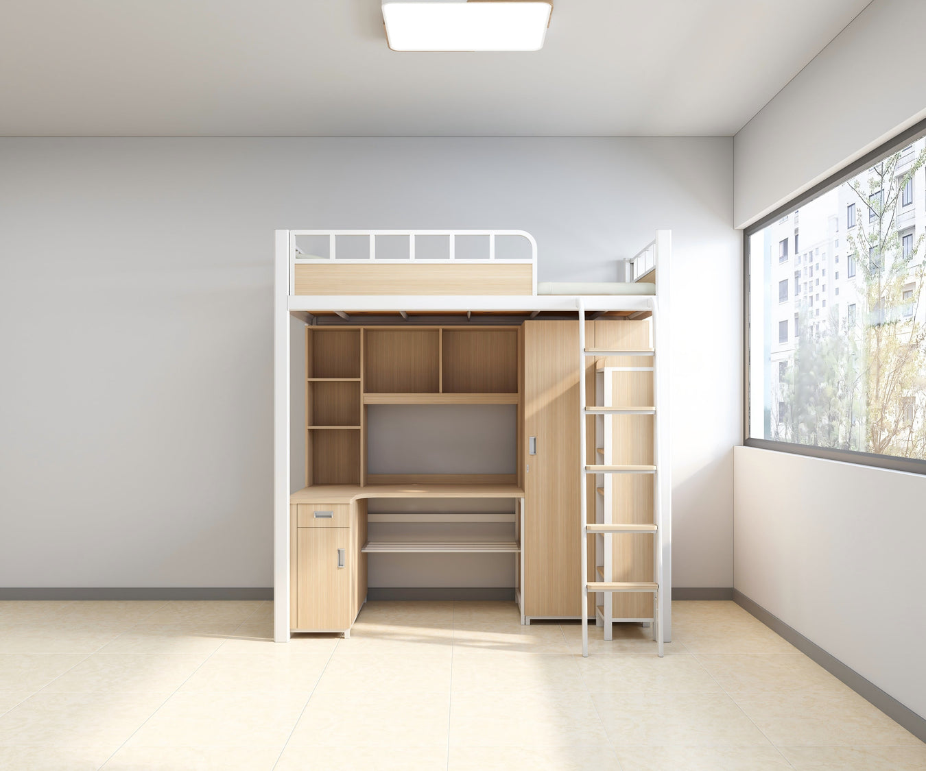 Single-module loft bed with side access ladder