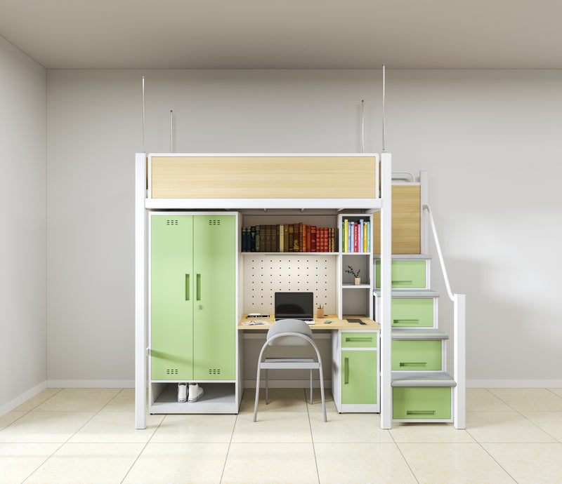 Single-module loft bed with central access ladder