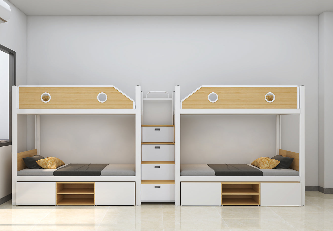 Two-module loft bed with central access ladder
