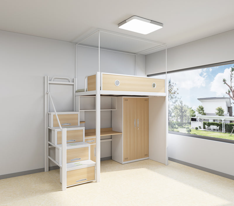 Single-module loft bed with central access ladder