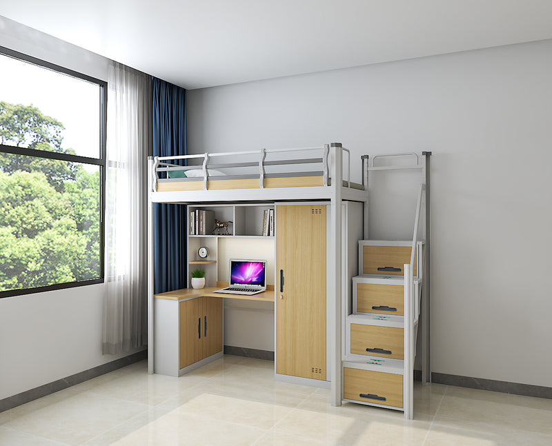 Single-module loft bed with central access ladder