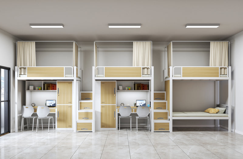 Three-module loft bed with central access ladder